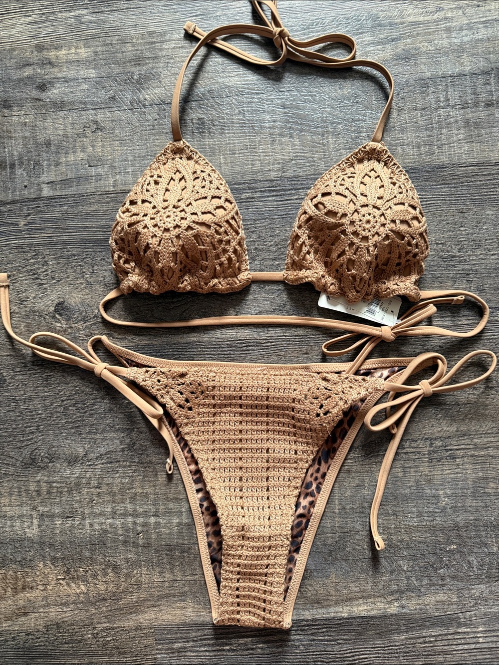 aerie Crochet Tie-Side Bikini in Tan